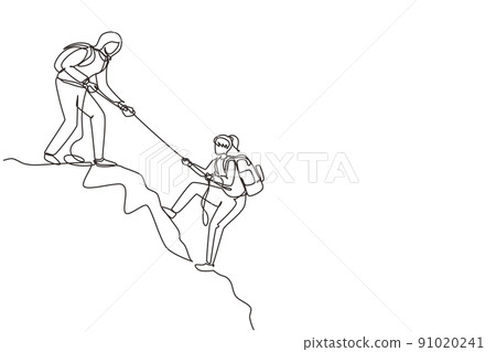 Single continuous line drawing two women hikers climbing up mountain and helping to each other with rope. Business, leadership, achievement and goal concept. One line draw design vector illustration 91020241