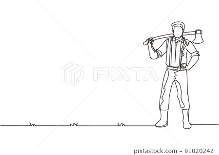 Single one line drawing lumberjack pose on the logging forest. Lumberjack with axe and downed log, standing wearing shirt, jeans and boots. Continuous line draw design graphic vector illustration Single one line drawing lumberjack pose on the logging forest. Lumberjack with axe and downed log, standing wearing shirt, jeans and boots. Continuous line draw design graphic vector illustration 91020242