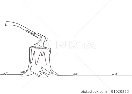 Single continuous line drawing Hatchet in a tree stump. A tree stump with an axe stuck. Forest, camping concept. Axe in stuck at stump. Dynamic one line draw graphic design vector illustration Single continuous line drawing Hatchet in a tree stump. A tree stump with an axe stuck. Forest, camping concept. Axe in stuck at stump. Dynamic one line draw graphic design vector illustration 91020253