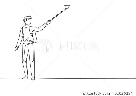 Continuous one line drawing climber man with selfie stick and backpack hiking in mountain. Extreme sport travel nature, alpinist standing and making selfie. Single line draw design vector illustration Continuous one line drawing climber man with selfie stick and backpack hiking in mountain. Extreme sport travel nature, alpinist standing and making selfie. Single line draw design vector illustration 91020254