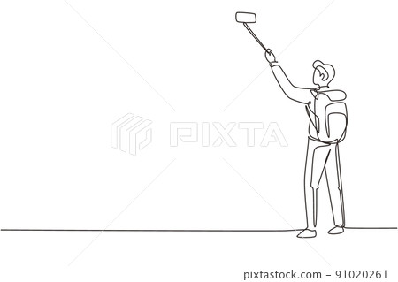 Single one line drawing young man traveler with backpack hiking in mountain while recording video using his smartphone. Travel blogger. Modern continuous line draw design graphic vector illustration 91020261