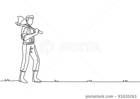 Single continuous line drawing lumberjack standing mascot hold axe. Wearing shirt, jeans and boots. Holding on his shoulder a ax. Lumberjack pose on the logging forest. One line draw design vector 91020263