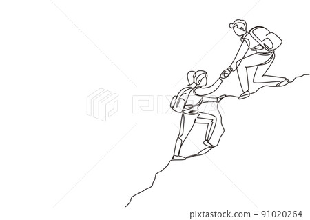 Continuous one line drawing group of people man woman helping each other hike up a mountain. Business, success, leadership, achievement and goal concept. Single line draw design vector illustration 91020264
