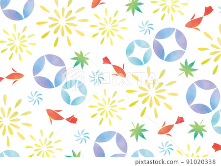 Watercolor summer Japanese pattern morning glory, fireworks and goldfish 91020338