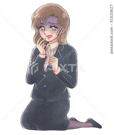 Old girl cartoon illustration-Middle-aged female office worker who is frightened by kneeling Old girl cartoon illustration-Middle-aged female office worker who is frightened by kneeling 91020627