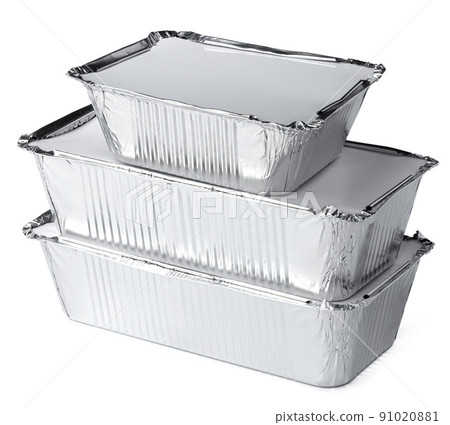 Packed foil food boxes on white background, copy space Packed foil food boxes on white background, copy space 91020881