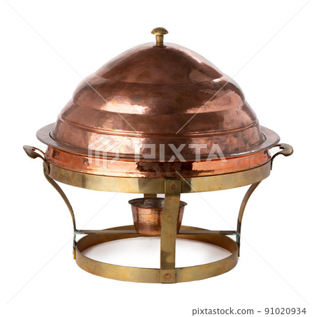 Metal dish for heating food with a candle isolated on white 91020934