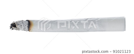 Burning cigarette isolated on white background close up 91021123