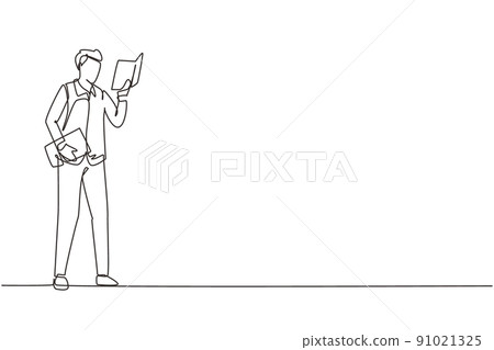Continuous one line drawing young man stands and holds book in his hands. Guy reading book. Student in university library. Boy spending spare time by reading literature. Single line draw design vector Continuous one line drawing young man stands and holds book in his hands. Guy reading book. Student in university library. Boy spending spare time by reading literature. Single line draw design vector 91021325
