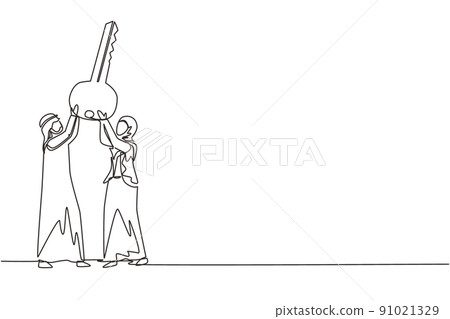 Single continuous line drawing Arabian businessman and businesswoman lift up big key, symbol of success. Male and female hold together key. Partnership can lead to success. One line draw design vector 91021329