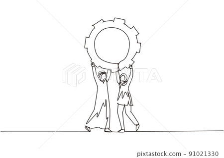 Single one line drawing collaboration. Arabian man woman lifting gears. People working with cogs. Professional teamwork process cooperation concept. continuous line draw design vector illustration Single one line drawing collaboration. Arabian man woman lifting gears. People working with cogs. Professional teamwork process cooperation concept. continuous line draw design vector illustration 91021330