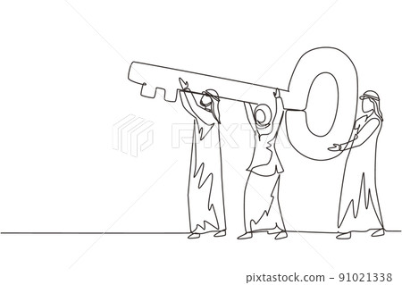 Single one line drawing Arabian business team holding and carrying big key to unlock the lock. Cooperative teamwork, collaborative business concept. Continuous line draw design vector illustration 91021338