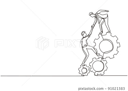 Single one line drawing two young businessmen helping each other to go up to pile of cogs. Teamwork people trust assistance. Technology gear collaboration solution. Continuous line draw design vector 91021383