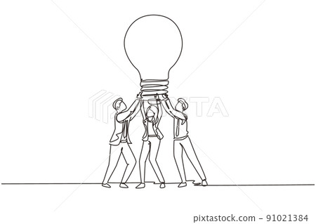 Single one line drawing group people hold huge lamp new idea. Success in business rely on teamwork, good planning, finding creative solution to problem. Continuous line draw design vector illustration Single one line drawing group people hold huge lamp new idea. Success in business rely on teamwork, good planning, finding creative solution to problem. Continuous line draw design vector illustration 91021384