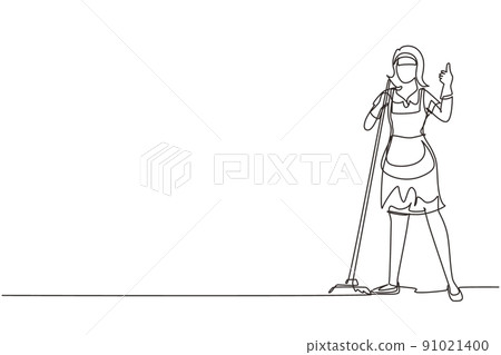 Single one line drawing floor care and cleaning services with washing mop in sterile factory or clean hospital. Cleaning woman service. Professional cleaning staff. Continuous line draw design vector 91021400