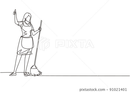 Single one line drawing smiling female cleaning company staff member holding broom and showing thumbs up gesture. Happy cleaning. Cleaning company. Continuous line draw design vector illustration 91021401