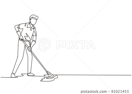 Single one line drawing man mopping floor in uniform. Male cleaner janitor cleaning the office. Cleaning service and hospital disinfection. Modern continuous line draw design vector illustration Single one line drawing man mopping floor in uniform. Male cleaner janitor cleaning the office. Cleaning service and hospital disinfection. Modern continuous line draw design vector illustration 91021453