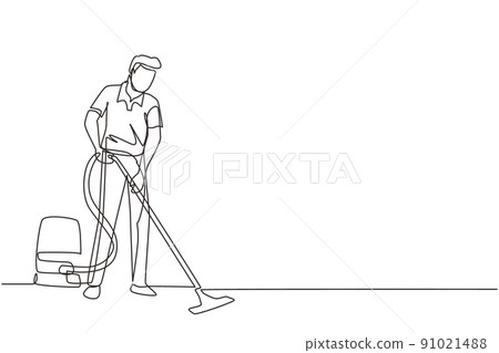 Single one line drawing male professional busy janitor vacuum cleaning indoors, floor office cleaning, young, happy, wearing uniform, protective gloves. Continuous line draw design vector illustration Single one line drawing male professional busy janitor vacuum cleaning indoors, floor office cleaning, young, happy, wearing uniform, protective gloves. Continuous line draw design vector illustration 91021488