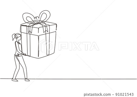Continuous one line drawing happy woman carrying a big present box. The creative idea of earning a reward, gift, or prize. Concept of celebration. Single line draw design vector graphic illustration 91021543