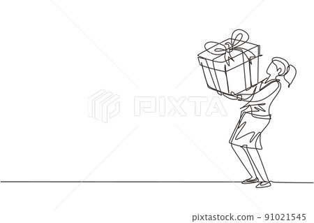 Continuous one line drawing young girl carry big gift box. Woman carrying a large gift box. Bonus or special offer. Present. Concept of celebration. Single line draw design vector graphic illustration 91021545