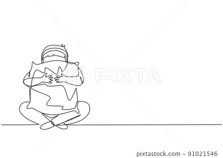 Single continuous line drawing little boy holding pillow ready to sleep. Happy child wearing pajamas going to bed. He has a good night and sweet dream. One line draw graphic design vector illustration 91021546