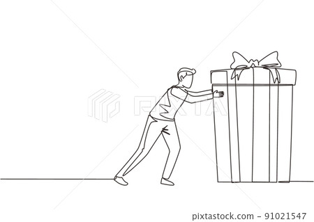 Single continuous line drawing young man pushes in front of him huge gift . Giving gifts for holiday concept. Wrapped birthday gift box with bow. Present, gift, birthday. One line draw design vector 91021547