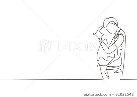 Single continuous line drawing tired male hugs pillow. Young man stands with his eyes closed and is about to go to bed. Theme of recreation and health. One line draw graphic design vector illustration 91021548