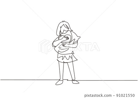 Continuous one line drawing little sleepy kid girl in pajamas standing and hugging pillow. Family, bedtime, early childhood. Tired cute girl ready to sleep. Single line draw design vector illustration 91021550