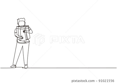Continuous one line drawing kid standing and hugging ribbon bow wrapped gift box in front of his in arms. Cute little boy carries holiday gift box with bow in his hands. Single line draw design vector Continuous one line drawing kid standing and hugging ribbon bow wrapped gift box in front of his in arms. Cute little boy carries holiday gift box with bow in his hands. Single line draw design vector 91021556