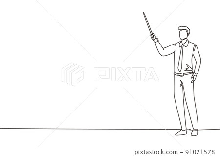 Single one line drawing male teacher, professor standing in front of class with pointer stick teaching lesson. School teacher in tidy shirt with tie. Continuous line draw design vector illustration Single one line drawing male teacher, professor standing in front of class with pointer stick teaching lesson. School teacher in tidy shirt with tie. Continuous line draw design vector illustration 91021578