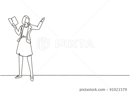 Single continuous line drawing woman teacher teaching lesson in front classroom with open book. College class of university teacher teach. Female teaching. One line draw design vector illustration 91021579