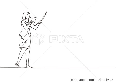 Single one line drawing woman teacher standing with open book, pointer in front of classroom teaching lesson. Professor at university is giving lecture. Continuous line draw design vector illustration Single one line drawing woman teacher standing with open book, pointer in front of classroom teaching lesson. Professor at university is giving lecture. Continuous line draw design vector illustration 91021602