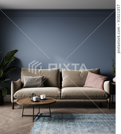 Minimalistic blue living room interior mock up with brown sofa, plant, coffee table, parquet floor, luxury, scandinavian style interior, 3d rendering Minimalistic blue living room interior mock up with brown sofa, plant, coffee table, parquet floor, luxury, scandinavian style interior, 3d rendering 91021857
