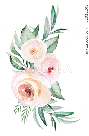 Watercolor light pink flowers and green leaves... - Stock Illustration ...