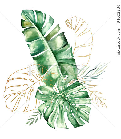 Golden bouquet with green and golden watercolor tropical leaves illustration Golden bouquet with green and golden watercolor tropical leaves illustration 91022230