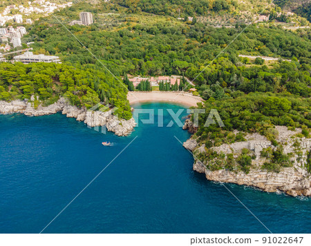Queen's Beach in Milocer, Montenegro. Aerial view of sea waves and fantastic Rocky coast, Montenegro 91022647