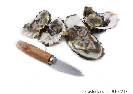 Opened oysters and special oysters knife 91022974