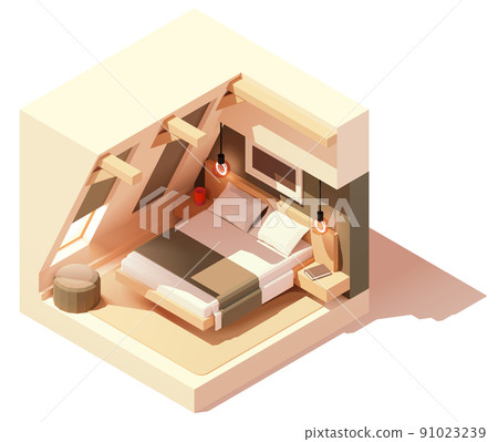 Vector isometric modern attic bedroom interior illustration 91023239