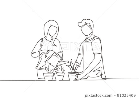 Continuous one line drawing man woman spraying and water flowers on shelf with watering can. Happy couple take care of home plants, flowers in pots enjoying gardening. Single line draw design vector 91023409