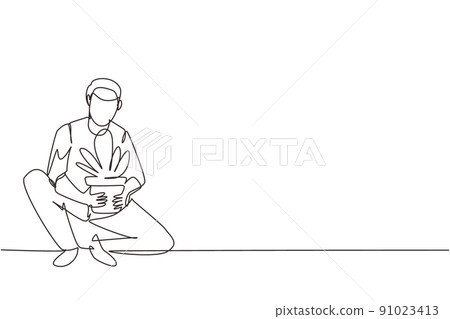 Single one line drawing young man cultivating potted plant at home. Happy guy taking care of houseplants. Male enjoying gardening growing houseplants. Continuous line draw design vector illustration 91023413