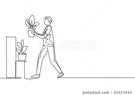 Continuous one line drawing home gardening. Male take care to houseplant. Man carefully puts flower in pot on rack. Hobby growing exotic plants. Stand with rare sprouts. Single line draw design vector 91023414
