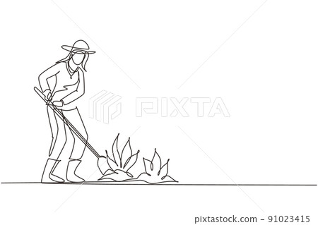Single continuous line drawing woman digs up the ground with a shovel. Planting, growing vegetables. The care of garden. Agriculture, farming. Dynamic one line draw graphic design vector illustration 91023415