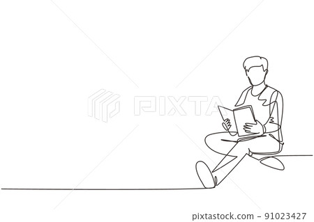 Single one line drawing smart student preparing for exam at home. Young man studying and reading book. Male reader sitting on floor, learning. Continuous line draw design graphic vector illustration 91023427