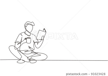 Single one line drawing smart student preparing for exam. Young man studying, reading textbooks, drink cup of coffee. Reader sitting on floor, learning. Continuous line draw design vector illustration Single one line drawing smart student preparing for exam. Young man studying, reading textbooks, drink cup of coffee. Reader sitting on floor, learning. Continuous line draw design vector illustration 91023428