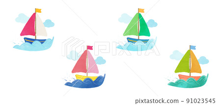 Illustration set of a cute yacht running on the waves 91023545