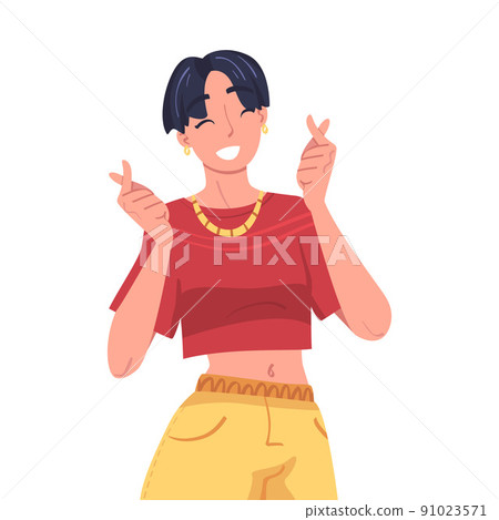 Woman Character Showing Positive Hand Gesture Finger Snapping or Clicking Vector Illustration 91023571