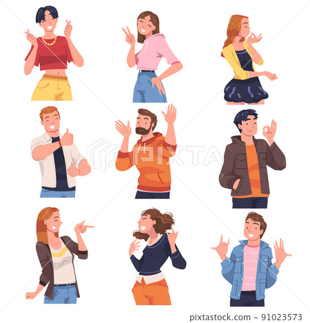 People Character Showing Positive Gesture Like Thumb Up and Ok Symbol Vector Illustration Set 91023573