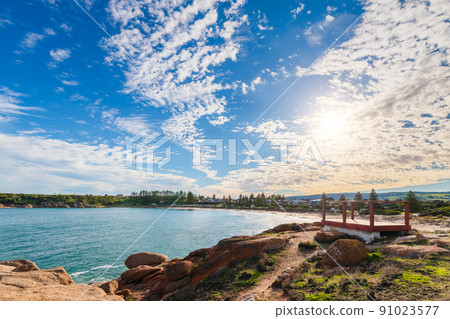Horseshoe Bay and Port Elliot beach with obelisk in South Australia 91023577