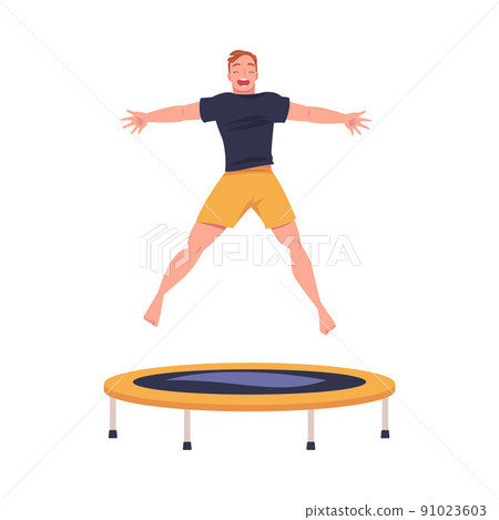Cheerful Man Character Jumping and Bouncing on Trampoline Engaged in Recreational Activity Vector Illustration 91023603