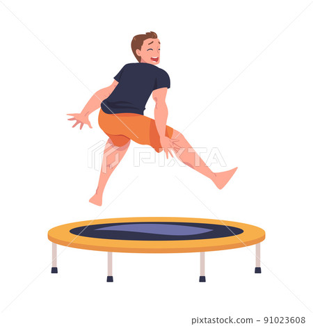 Cheerful Man Character Jumping and Bouncing on Trampoline Engaged in Recreational Activity Vector Illustration 91023608